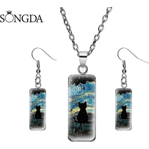 Modern Van Gogh Cat Jewelry Set Shout Kitten Vintage Abstract Oil Painting Starry Night Kitten Pendant Necklace Earrings Set