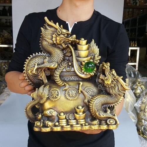 Asia HOME Bring wealth money GOOD LUCK double Royal Dragon JU BAO PEN statue FENG SHUI Statue Home store Company mascot talisman