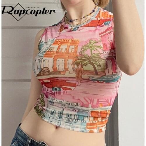 Rapcopter Scenery Printed Tank Tops y2k Vintage Crop Top Sleeveless O Neck Slim Corset Top Women Summer Harajuku Cute Sweats 90s