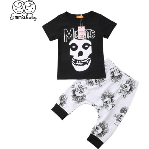 UK Toddler Kids Baby Boys Short Sleeve Skull Printed Tops T-shirt Skull Hip-Hop Pants Fashion Kid Cotton 2PCS Outfits Clothes