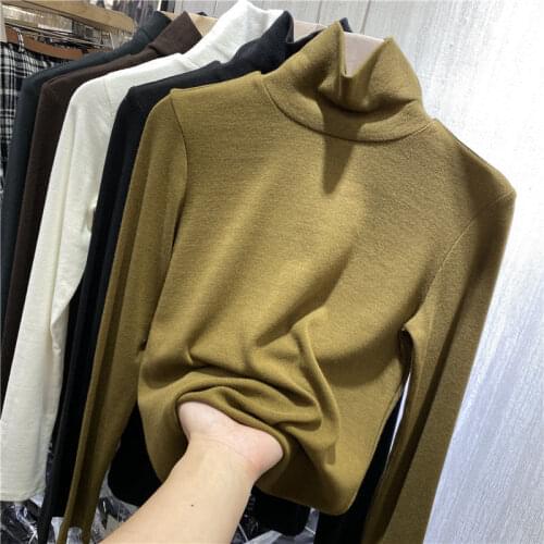 Turtleneck Long Sleeve Light Fleece Lining T Shirt For Women Spring Autumn Bottoming Tees Top Ladies Solid Color Slim T-shirt