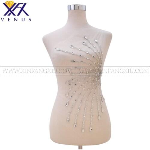 XFX VENUS Wholesale 5 Pieces Handsewn Silver Rhinestones applique bodice patches trimming motif for women Clothes Fabric garment