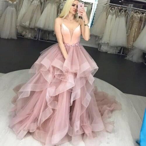 Plus Size Blush Pink Spaghetti Strap Prom Dresses Appliques Waist Ruffles Tiered Skirt Party Gown Cheap Puffy Evening Wear
