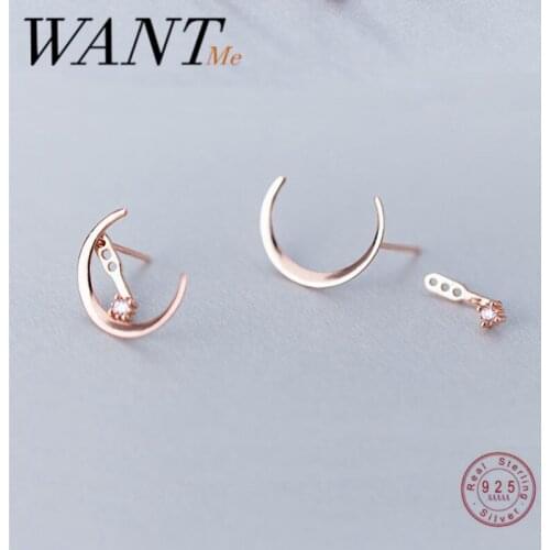 WANTME Fashion Korean Real 925 Sterling Silver Personality Pavé Zircon Moon Stud Earrings for Women Youth Birthday Jewelry Gift