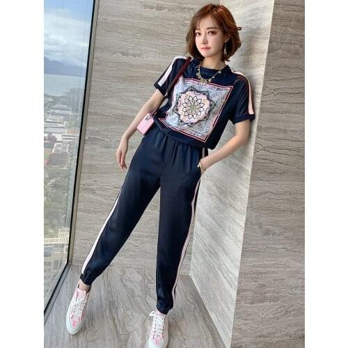 Stylish Cool Printing with Contrast Color Mound Layer round Neckline T-shirt + Drawstring Top Casual Pants Suit Womens Fashion