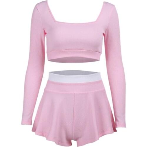 40GC Womens Sexy 2 Pieces Outfits Set Long Sleeve Square Neck Crop Top High Waist Patchwork Ruffles Skirt Shorts Solid Color