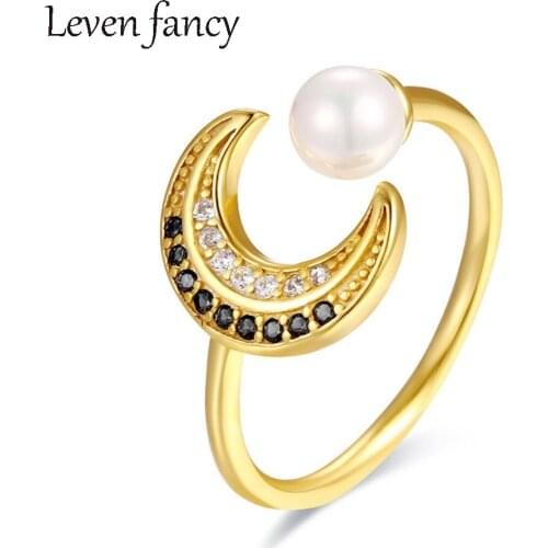 925 Sterling Silver Crescent Moon Rings for Women Girls Adjustable 5A Cubic Zirconia Pearl Ring Valentines Day Gift for Her