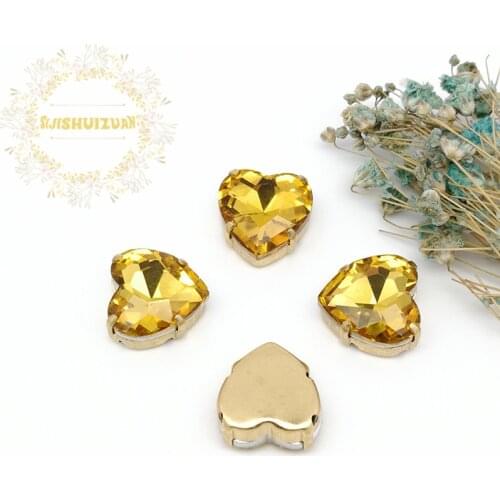 Golden yellow Heart shape Crystal Glass Sewing Rhinestones with gold Claw Rhinestones for Diy wedding Dress and Bags