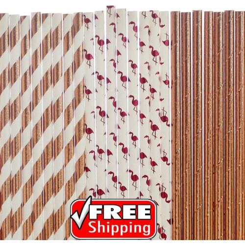 150pcs Mixed 3 Styles Rose Gold Hot Pink Foil Themed Paper Straws-Flamingo,Plain,Solid Color,Stripe-Girls First Birthday Party
