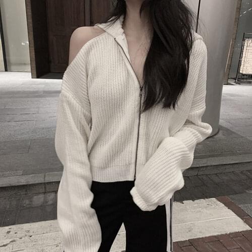 2021 autumn and winter new v-neck long-sleeved solid color sweater women Korean loose short hooded off-shoulder knitted cardigan