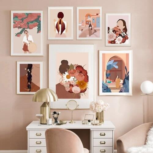 Abstract Illustration Wall Art Girl and Floral Canvas Painting Nordic Posters and Prints Picture for Living Room Home Decor
