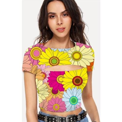 Somepet Flower T shirt Women Colorful Navel Bare Romantic Tshirts Casual Art Hollow Out T shirts Womens Clothing Punk Rock