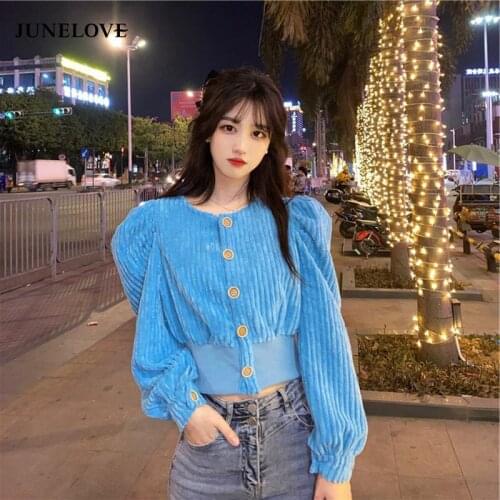 JuneLove Women Autumn Slim Cropped Corduroy Daily Puff Sleeve Blouse Vintage Leisure Solid All-match O-Neck Single Breasted Tops