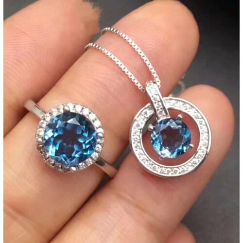 Natural blue topaz Ring Pendant Natural Gemstone Jewelry Set 925 Silver Fashion Small simple round Women Necklace gift Ring