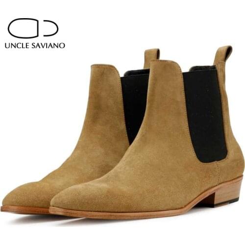 Uncle Saviano Chelsea Cow Suede Boots Handmade Winter Mens Shoes Add Velvet Work Basic Boots Fashion Designer High Top Shoes Men
