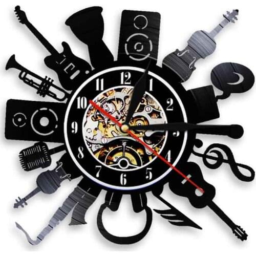 Acoustic Electric Guitar Breeds Vinyl Record Wall Clock Rock N Roll Music Decor Clock Guitarist Hanging Watch Music Lover Gift