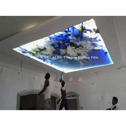 New Fashion Beautiful Flowers UV pvc stretch ceiling film with fluorescent lighting for ceiling decoration
