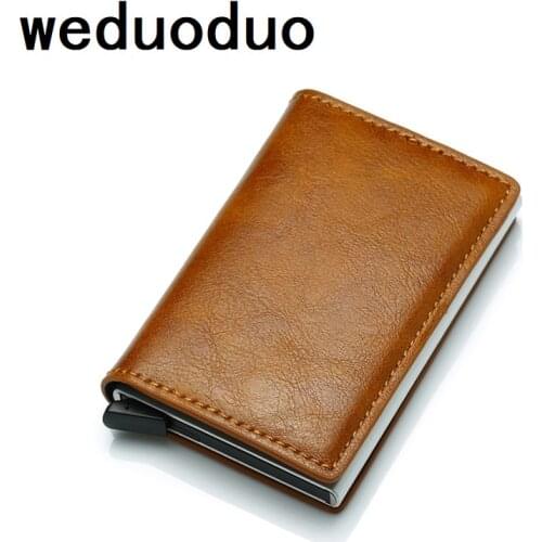 Weduoduo New Antitheft Men And Women Credit Card Holder RFID Aluminium Business Card Holder Crazy Horse PU Leather MIni Wallet