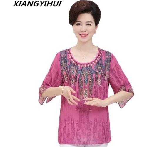 New 2018 Summer Womens Tops Chiffon T-Shirt Middle Aged Mother Plus Size Set auger Shirt Half Sleeve Striped Chiffon Blouses