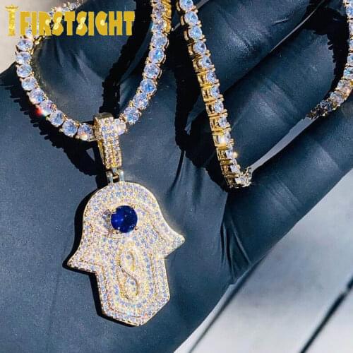 2021 New Hamsa Hand Eye Pendant Necklace Hip Hop Iced Out Cubic Zirconia Sliver Color CZ Infinite Choke Women Men Jewelry