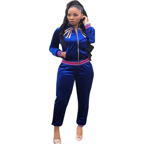 Casual Sports Velvet Women 2 Pieces Set Embroidery Zip-up Top And Pencil Pants Outdoor Jogger Tracksuit Winter Spring Outfit
