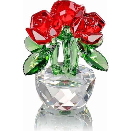 X'mas Gifts Crystal Three Red Roses Figurines Paperweight Crafts&Collection Table Ornaments Souvenir Home Wedding Decorative