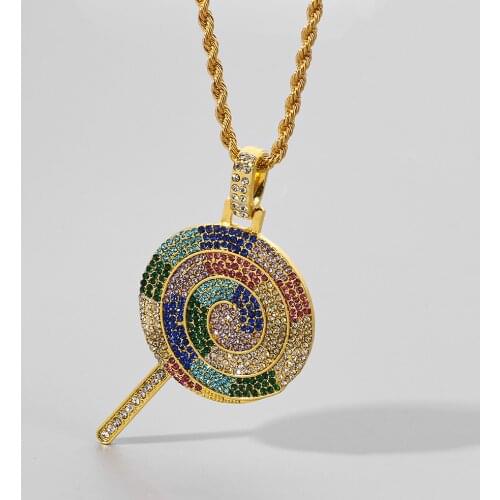 Hip Hop Bling Lollipop Necklace Iced Out Multicolor Lollipop Pendant Necklaces Cubic Zircon Chain Charm Mens punk Jewelry gift