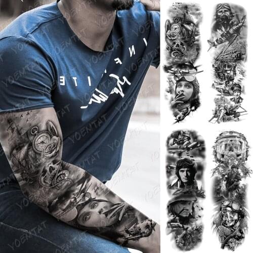 Large Arm Sleeve Tattoo Airplane soldier Pilot Waterproof Temporary Tatto Sticker Sailing Compass Body Art Full Fake Tatoo Men