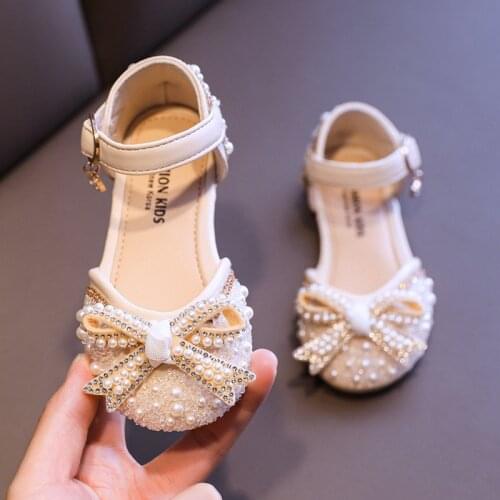 Sweet Girl Princess Shoes Fashion Rhinestone Pearl Bow Baby Shoes Kids Party Childrens Dance Little Girls Leather Shoes New G83
