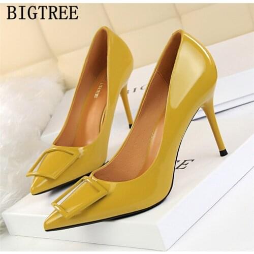 New Arrival 2021 Pumps Women Shoes Patent Leather Square Buckle Bigtree Shoes Women Office Shoes Fetish High Heels Tacones Mujer