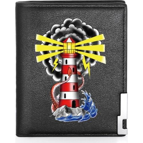 High Quality Navigation Lighthouse Printing Leather Mens Wallet Credit Card Holder Short Male Slim Purse