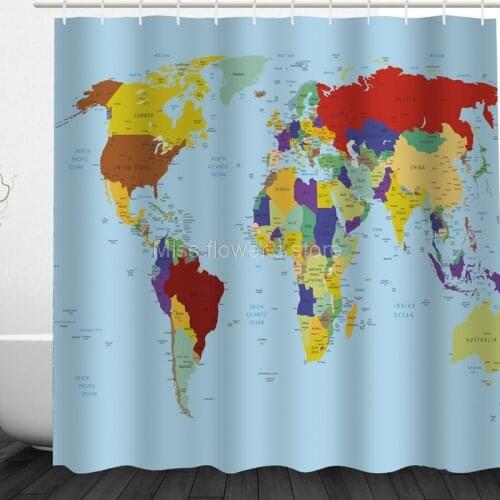 Nordic English World Map Pattern Design Custom Shower Curtains Bathroom Waterproof Mildew Polyester Fabric + 12 Hooks