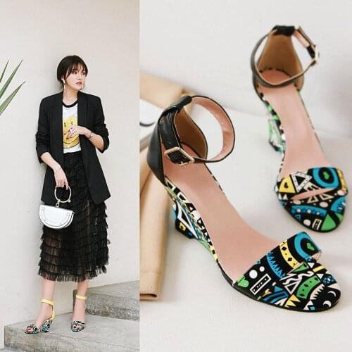 Women Stylish Print Sandals Boots Peep Toe Buckle Strap Summer High Heel Gladiator Shoes Woman Yellow Green sandalias mujer 2019