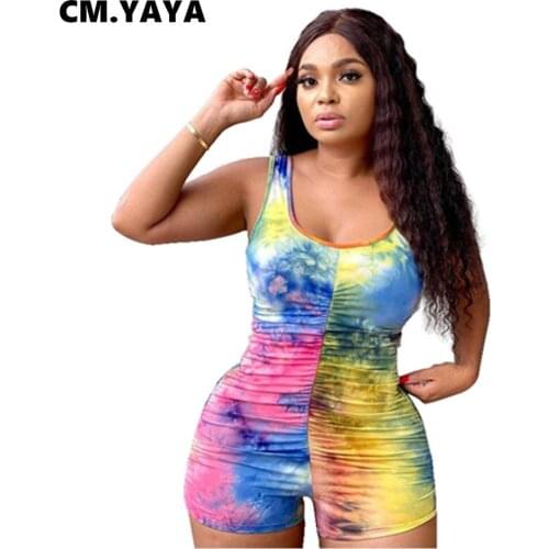 CM.YAYA Women Playsuit Tie Dye Print Sleeveless O-neck Strechy Bodycon Playsuits Casual Rompers One Piece Overalls Summer Outfit