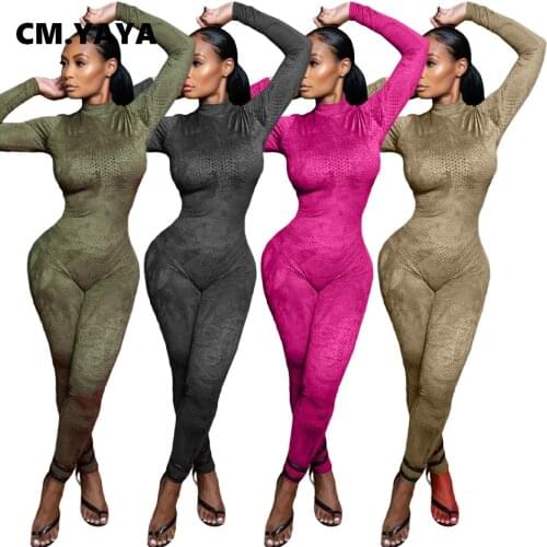 CM.YAYA Tie Dye Gauze Mesh Hollow Out Jumpsuit for Women Sexy Club Partywear One Piece Overall Turtleneck Rompers Fall winter