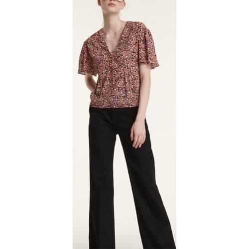 Women Sweater 2021 Early Autumn V-neck Lotus Leaf Floral Small Shirt Short-sleeved Printed Loose Top