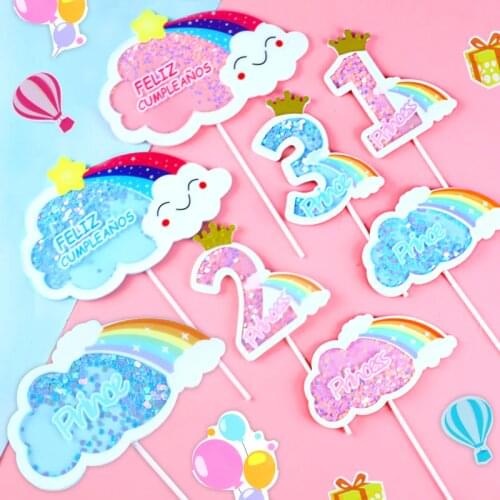 1 Pcs Kawaii Happy Birthday Cake Toppers Pink Blue Sequins Rainbow Crown Number Cake Topper Baby Shower Party Cake Decorations