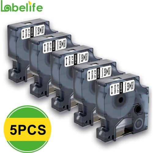 5 Pack 18444 Black/White For DYMO Rhino IND Vinyl Labels Rhino 12mm Label Tape Industrial Cartridge, Vinyl for Label Printer