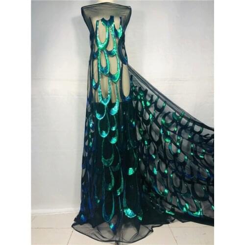 5yards/lot ) 2019 New High quality emerald green Velvet African tulle lace French net lace fabric with Sequins for party dress
