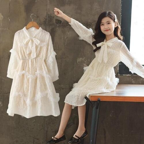 Girls Elegant Party Dresses Long Sleeve Tie Dress 10 12 years Teen Girls Mesh Knee Length Dress Wedding Birthday Clothes