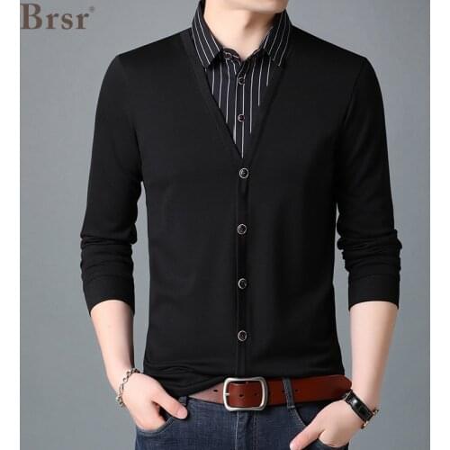 Spring And Autumn New Patchwork Fake Two Designer Men T-Shirt Long Sleeve Striped Turn-down Collar Oversized T Shirt Clothes