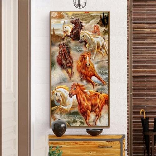 5D Diy Square Round Drill Diamonds Embroidery Eight Horses Picture Porch Vertical Living Room Decor Cross Stitch KitsZP-2771