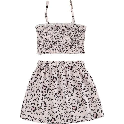 OPPERIAYA Summer Leopard Print Clothing Casual Set Baby Girls Sleeveless Ruffle Hem Cropped T-shirt Elastic Waist Short Skirt