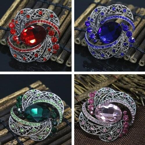 Hot sale vintage oval crystal rhinestone pins silver-color elegant fashion brooch clothes accessories jewelry 59*65mm B1437