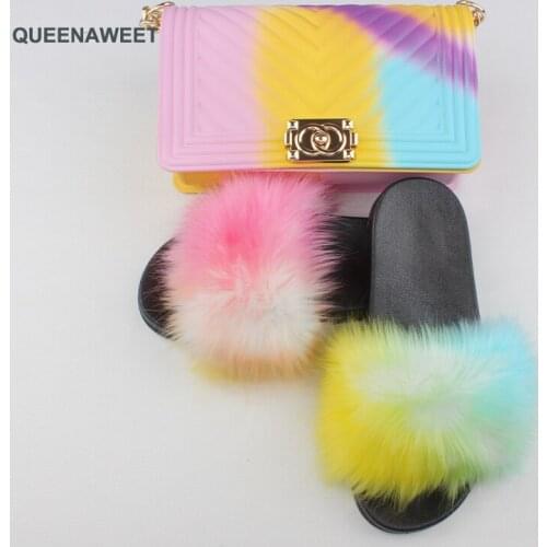 Fur Slides With Jelly Bag Real FOX Slippers for Woman Fur Sandals Vogue Wholesale Plush Shoes Fashion amazing Quality