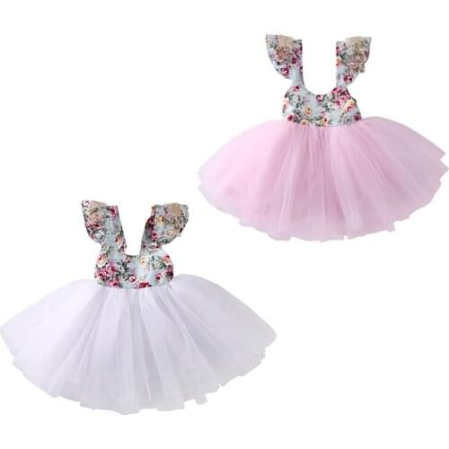 Fashion Cute 0-5Y Outfit Summer Party Newborn Infant Baby Girls O-Neck Floral Print Solid Lace Knee-Length Tutu Princess Dress
