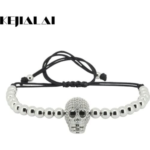 Anil Arjandas Men Bracelet Water Proof 4mm Brass Beads Micro Pave Clear CZ Skull Bracelet Braiding Macrame Bracelet Men Jewelry