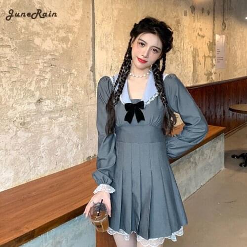 2021 Autumn Kawaii Elegant Dress Women Casual Korean Fashion Party Mini Dresses Lace Long Sleeve College Style Sweet Cute Dress