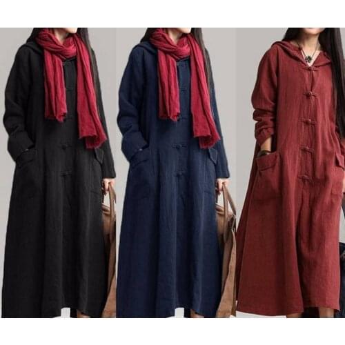 Large size cotton linen long sleeve coat, coil button hooded ethnic style long dress