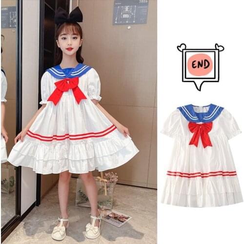 Girls' college style dress primary school students show bow princess dress summer puff sleeve skirt